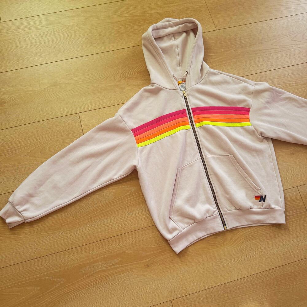 Aviator Nation 5 Stripe Relaxed Zip Hoodie Small Vintage Dove Grey Neon Rainbow